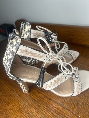 Coach Cream and Black Leather Lace-Up Heels with Snakeskin Trim